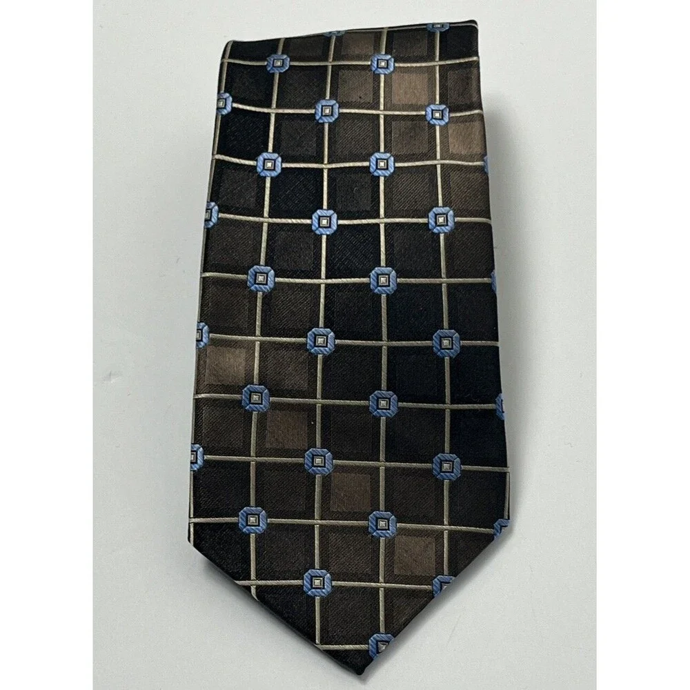 Paul Dione Tie 100% Silk Necktie‎ Geometric Brown Bronze Blue Square NWT Wedding